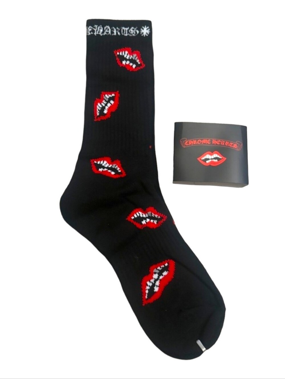 Chrome Hearts Black Crew Socks with Red Lip Motif